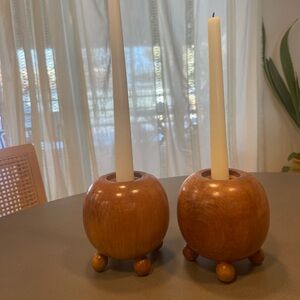 Bohemian mid-century wooden candlestick holders cottage core